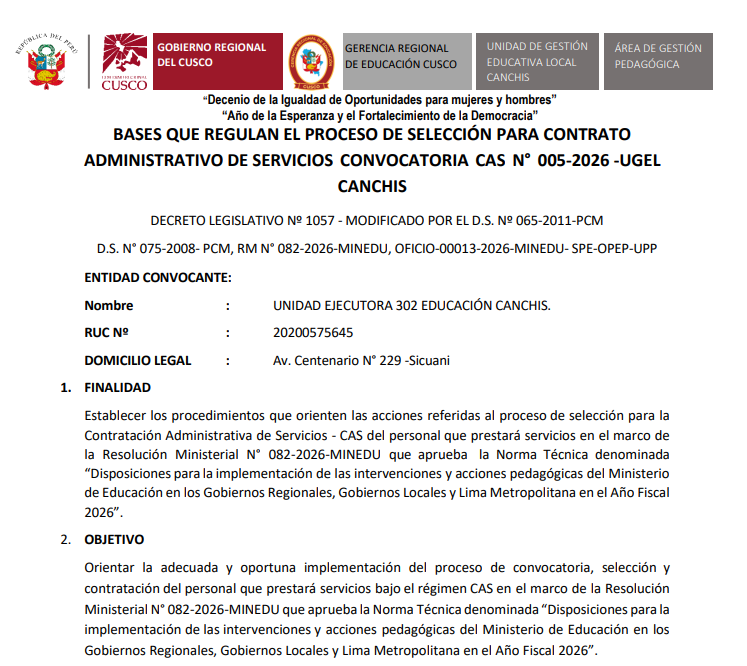 Contrato Administrativo de Servicios Convocatoria CAS N° 005-2026 -UGEL CANCHIS